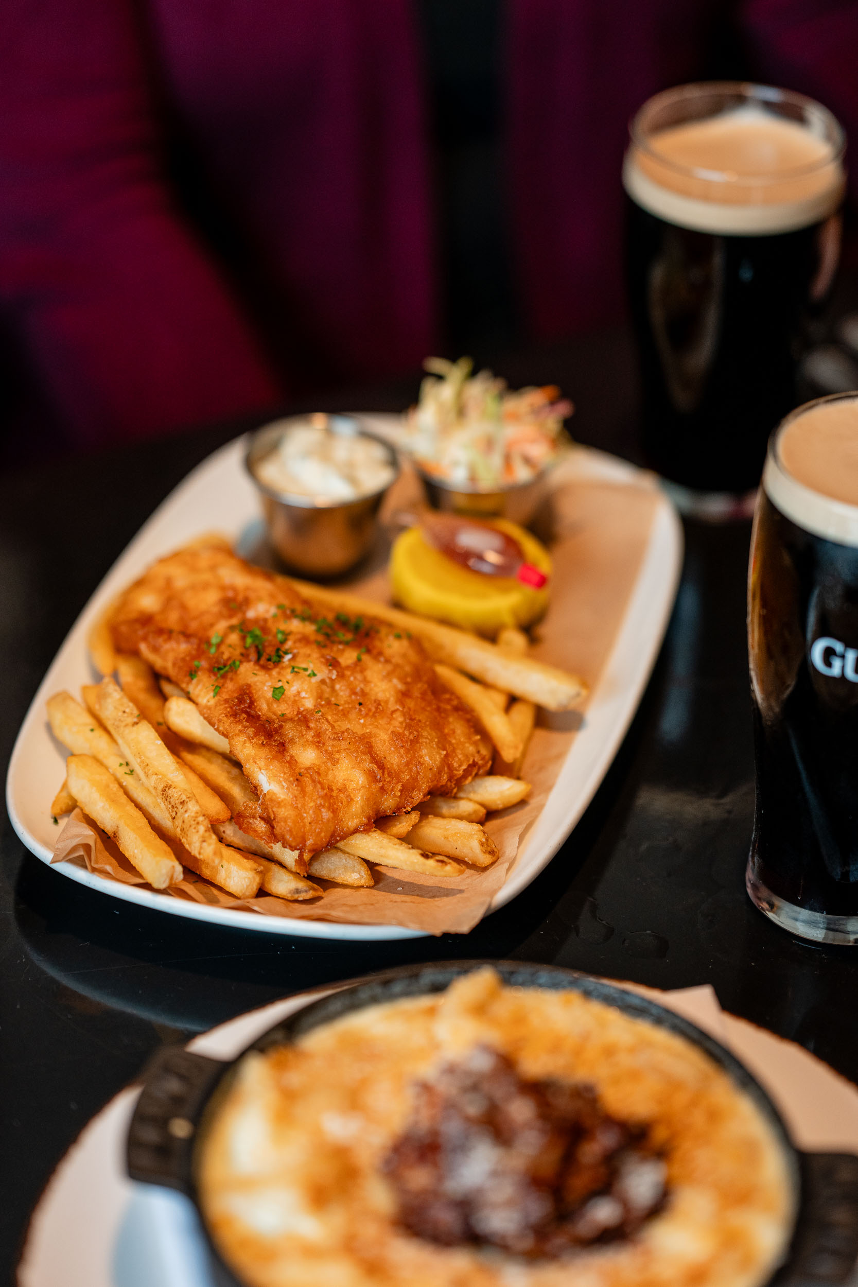 beer battered georges bank haddock over crispy fries